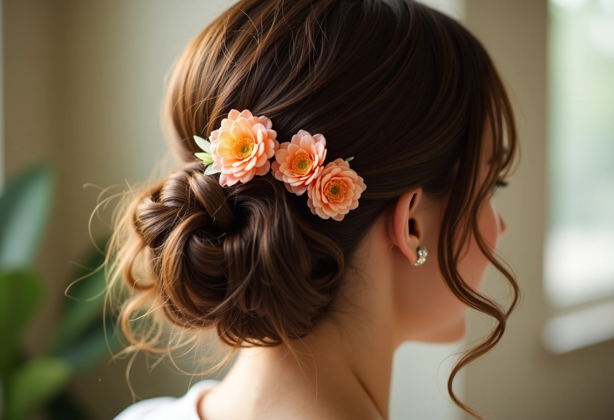 coiffure mariage carré fleurs